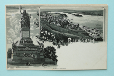 Ansichtskarte Mondschein Litho AK Gruss aus Rüdesheim 1900-1910 Niederwalddenkmal Dampfschiff Bahnhof Architektur Ortsansicht Hessen